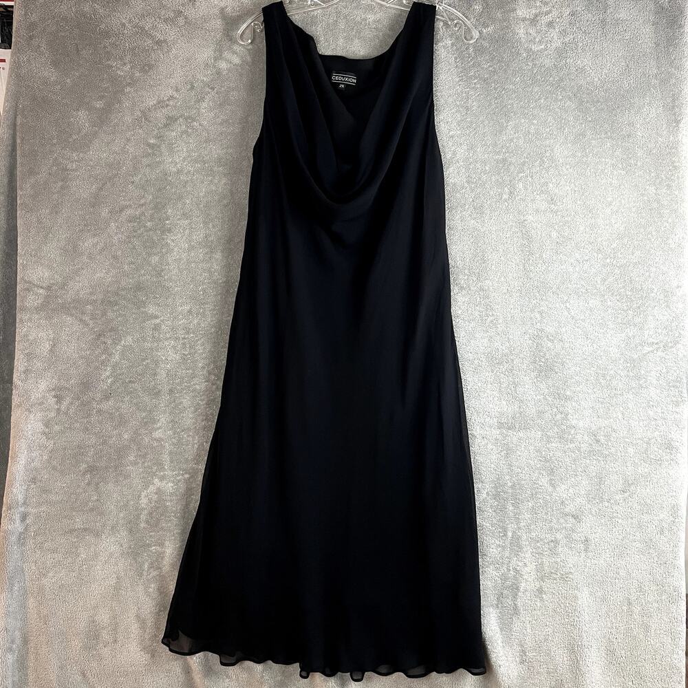VTG Y2K Midi Dress Womens 2X Black‎ Cowl Neck Ruffle Hem Slinky Romantic USA